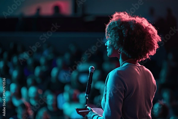 Obraz Woman giving a TEDx talk on creativity