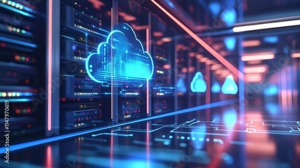 Fototapeta Innovative Cloud Computing Technology in a Modern Data Center With Illuminated Servers and Digital Displays