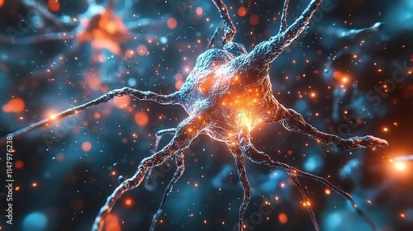 Fototapeta nerve cell synaptic cleft, showcasing glowing neurotransmitters at the junction, highlighting the intricate communication between neurons