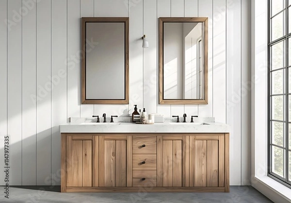 Obraz Modern bathroom interior with double vanity, wooden cabinets, marble countertop, and large window.