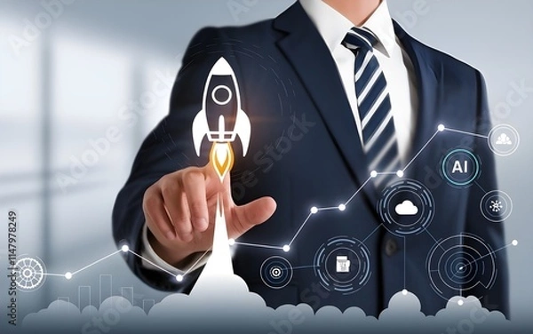 Fototapeta Business Growth and Innovation, artificial intelligence in business, sky rocket sales 