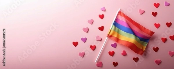Fototapeta A top-down shot of the Lesbian Pride flag alongside tiny hearts expressing affection, on a soft pastel pink backdrop with space for text or ads