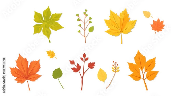 Fototapeta Autumn leaves or fall foliage icons. Vector isolated maple, oak or birch and rowan tree leaf set. Falling aspen, beech or elm and poplar fall foliage for seasonal holiday greeting Generative AI
