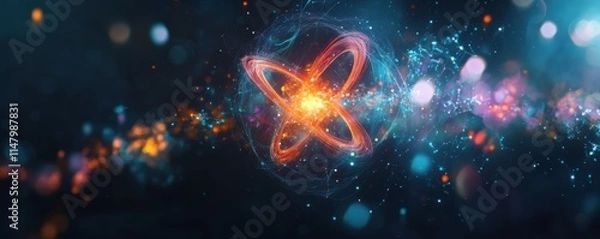 Fototapeta Atom with electrons orbiting a nucleus, glowing with energy and vibrant colors on a dark background. Scientific background concept. Stock photo.