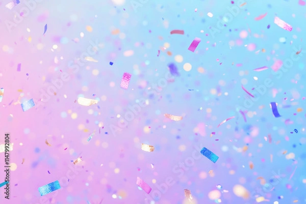 Fototapeta A large bunch of colorful confetti is falling on a pink and blue background
