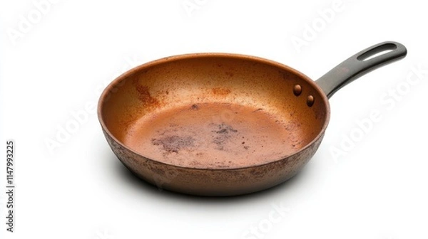 Fototapeta A weathered copper frying pan with a black handle, showcasing signs of use and wear, ideal for cooking enthusiasts.