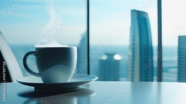 Fototapeta Ceramic Mug With Drink On Desk In Office Large Panoramic Window Office Morning Cybernetics Style Text Space