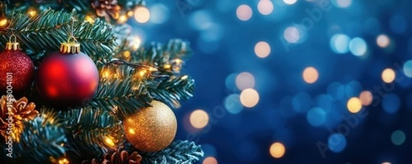 Fototapeta holiday illumination and decoration concept - christmas garland bokeh lights over dark blue background