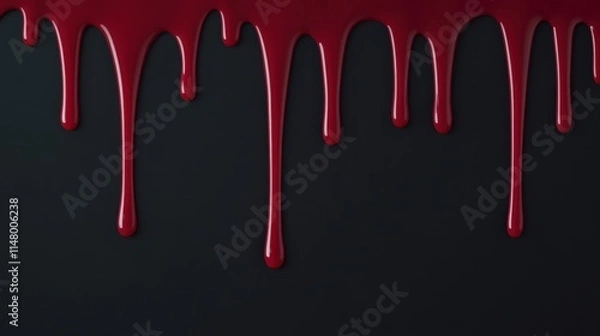 Fototapeta Dramatic Deep Red Liquid Dripping onto Black Background, Visually Striking Abstract Texture