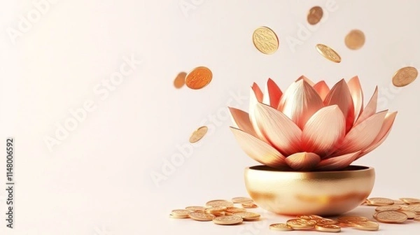 Fototapeta 3D Render of a Golden Lotus in a Pot with Flying Coins - Chinese New Year Celebration. AI generated illustration