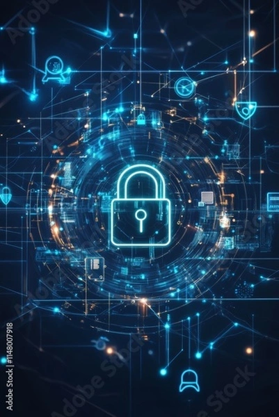 Fototapeta Digital Security Concept Featuring a Glowing Padlock Surrounded by Interconnected Data Networks and Icons Representing Online Protection