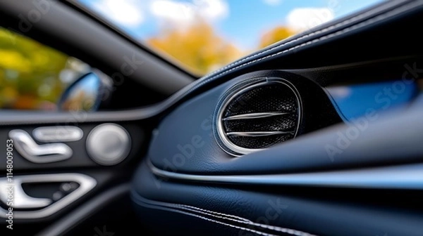 Fototapeta A close up of the interior of a car with the door handle open