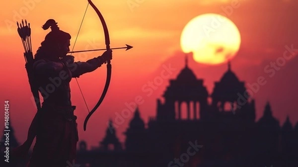 Fototapeta Lord Rama Silhouette with Bow and Arrow in Front of Ram Mandir at Sunset: A Glimpse of Indian Mythology. AI generated illustration