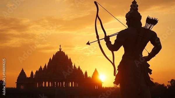Fototapeta Lord Rama Silhouette with Bow and Arrow in Front of Ram Mandir at Sunset: A Glimpse of Indian Mythology. AI generated illustration