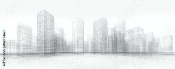 Fototapeta D wireframe cityscape, architectural design, urban concept The image features a monochrome perspective of buildings represented by transparent lines against a white