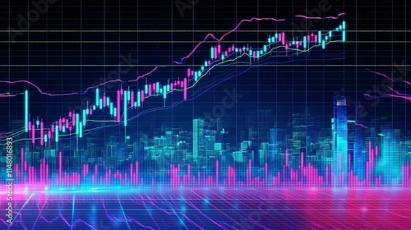 Fototapeta Stock market business concept with financial chart on screen and metropolis.