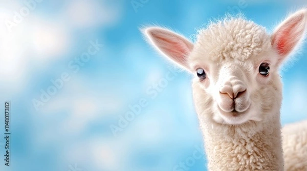 Fototapeta A close up of a white alpaca looking at the camera