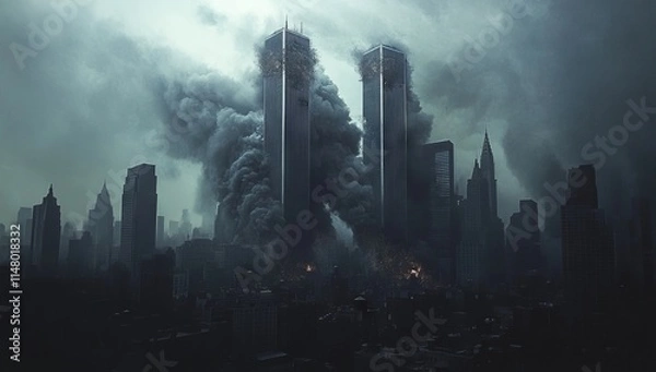 Fototapeta Dramatic Depiction of Twin Towers Explosion with Ominous City Skyline. AI generated illustration