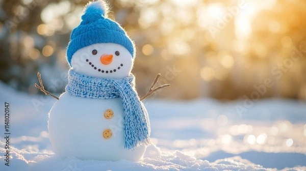 Fototapeta Happy smiling snowman with a blue hat and scarf, standing on white snow in a winter landscape. AI generated illustration.