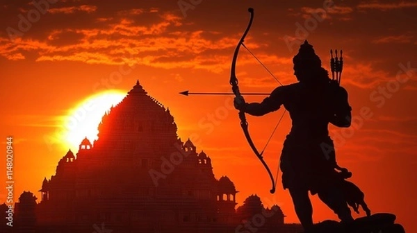 Obraz Lord Rama Silhouette with Bow and Arrow in Front of Ram Mandir at Sunset: A Glimpse of Indian Mythology. AI generated illustration