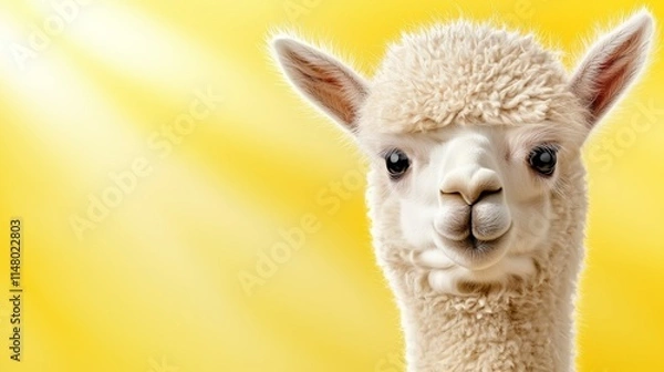 Fototapeta A close up of a white alpaca on a yellow background