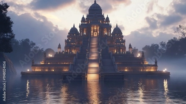 Fototapeta 3D Illustration of an Indian Temple with Grand Staircase at Evening - Realistic Lighting.AI generated illustration