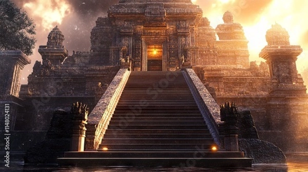 Fototapeta 3D Illustration of an Indian Temple with Grand Staircase at Evening - Realistic Lighting.AI generated illustration
