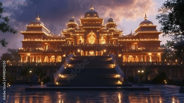 Fototapeta 3D Illustration of an Indian Temple with Grand Staircase at Evening - Realistic Lighting.AI generated illustration