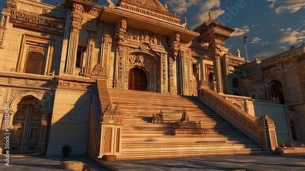 Fototapeta 3D Illustration of an Indian Temple with Grand Staircase at Evening - Realistic Lighting.AI generated illustration