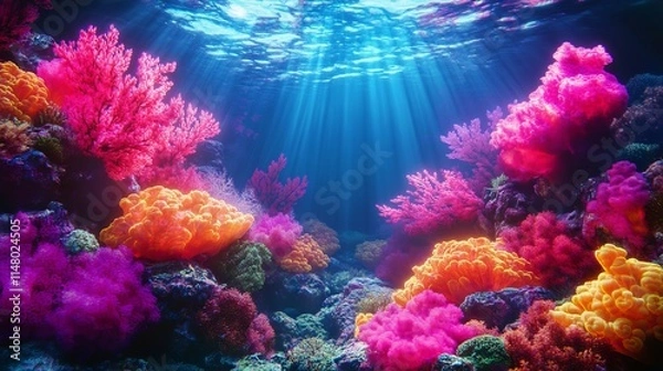 Fototapeta 3D Render of a Colorful Coral Reef with Glowing Anemones and Sea Lions - Cinematic Underwater Scene. AI generated illustration
