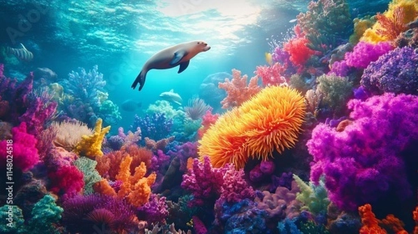 Fototapeta 3D Render of a Colorful Coral Reef with Glowing Anemones and Sea Lions - Cinematic Underwater Scene. AI generated illustration