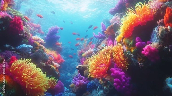 Fototapeta 3D Render of a Colorful Coral Reef with Glowing Anemones and Sea Lions - Cinematic Underwater Scene. AI generated illustration