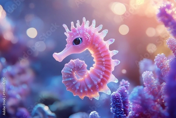 Fototapeta 3D Render of a Cute Pink Seahorse in a Vibrant Coral Reef with Bokeh Effect. AI generated illustration