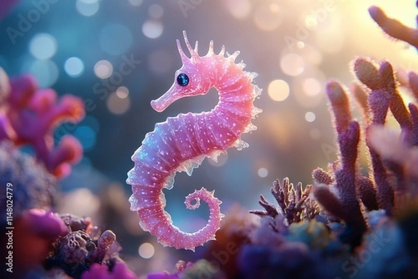 Fototapeta 3D Render of a Cute Pink Seahorse in a Vibrant Coral Reef with Bokeh Effect. AI generated illustration