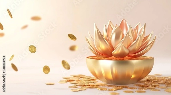 Fototapeta 3D Render of a Golden Lotus in a Pot with Flying Coins - Chinese New Year Celebration. AI generated illustration