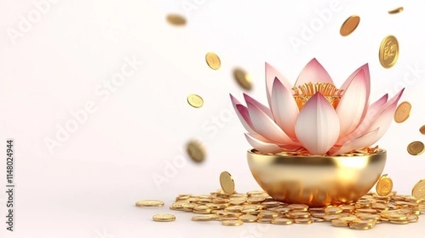 Fototapeta 3D Render of a Golden Lotus in a Pot with Flying Coins - Chinese New Year Celebration. AI generated illustration