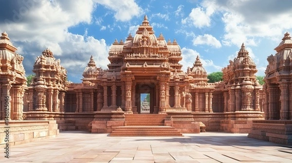 Fototapeta 3D Render of a Hindu Temple Exterior with Red Sandstone Walls and Gopuram. AI generated illustration