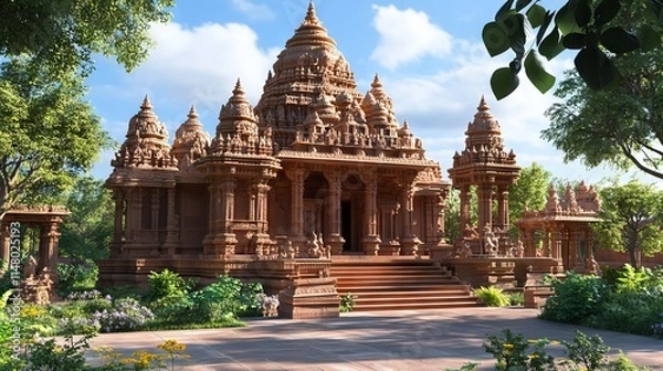 Fototapeta 3D Render of a Hindu Temple Exterior with Red Sandstone Walls and Gopuram. AI generated illustration