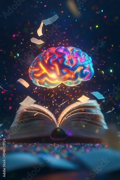 Fototapeta 3DRendering of a Colorful, Glowing Brain on a Stack of Open Books with Pages Flying Out. AI generated illustration