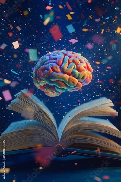 Fototapeta 3DRendering of a Colorful, Glowing Brain on a Stack of Open Books with Pages Flying Out. AI generated illustration
