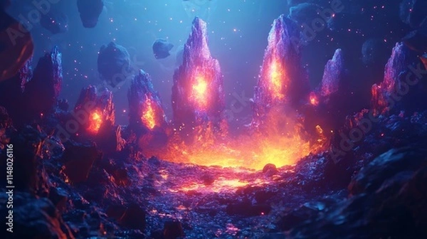 Fototapeta 3D Rendering of a Lava Landscape with Glowing Crystals and Fire Elements. AI generated illustration