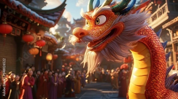 Fototapeta Colorful Dragon Dance in the City Square with Traditional Architecture. AI generated illustration