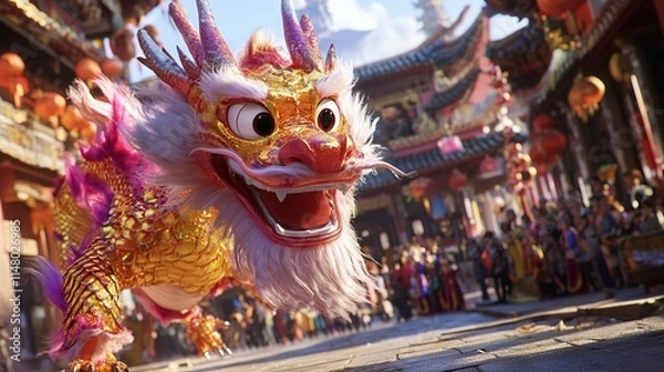 Fototapeta Colorful Dragon Dance in the City Square with Traditional Architecture. AI generated illustration