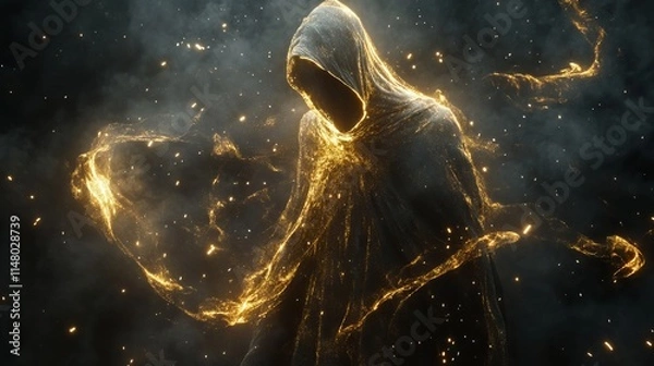 Fototapeta Glowing Golden Ghost with Flowing Robes and Particles Against a Dark Background. AI generated illustration