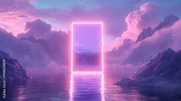 Fototapeta Glowing Neon Rectangle Portal Floating Above Water with Mountains and Cloudy Sky - Otherworldly Sci-Fi Environment. AI generated illustration