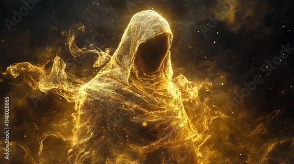 Fototapeta Glowing Golden Ghost with Flowing Robes and Particles Against a Dark Background. AI generated illustration
