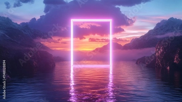 Fototapeta Glowing Neon Rectangle Portal Floating Above Water with Mountains and Cloudy Sky - Otherworldly Sci-Fi Environment. AI generated illustration