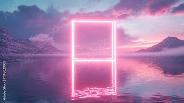 Fototapeta Glowing Neon Rectangle Portal Floating Above Water with Mountains and Cloudy Sky - Otherworldly Sci-Fi Environment. AI generated illustration