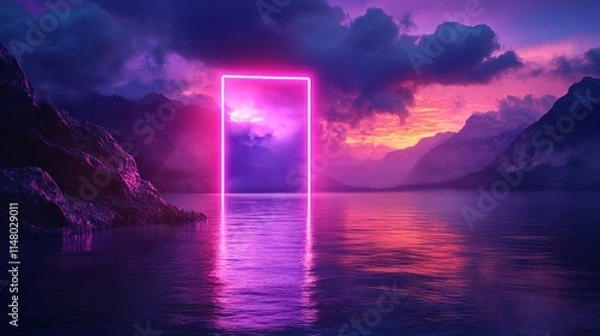 Fototapeta Glowing Neon Rectangle Portal Floating Above Water with Mountains and Cloudy Sky - Otherworldly Sci-Fi Environment. AI generated illustration