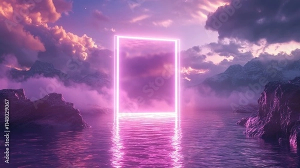 Fototapeta Glowing Neon Rectangle Portal Floating Above Water with Mountains and Cloudy Sky - Otherworldly Sci-Fi Environment. AI generated illustration